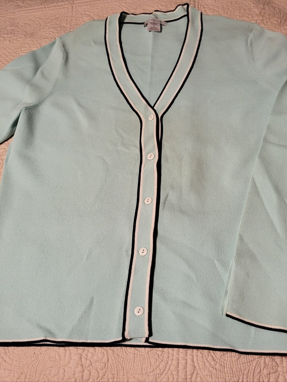 Lauren Hansen Light Aqua Knit Sweater with Navy Trim
